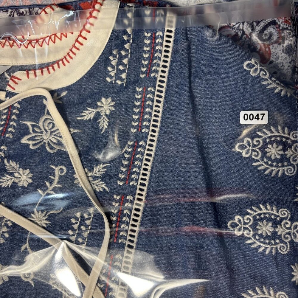John Mark Boho Tunic Dress Large Blue White Red Floral Embroidered Tassels - Picture 9 of 9